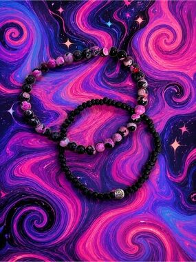Groovy Galaxy Beaded Bracelet – Pink & Black Psychedelic Hippie Stretch 9”
